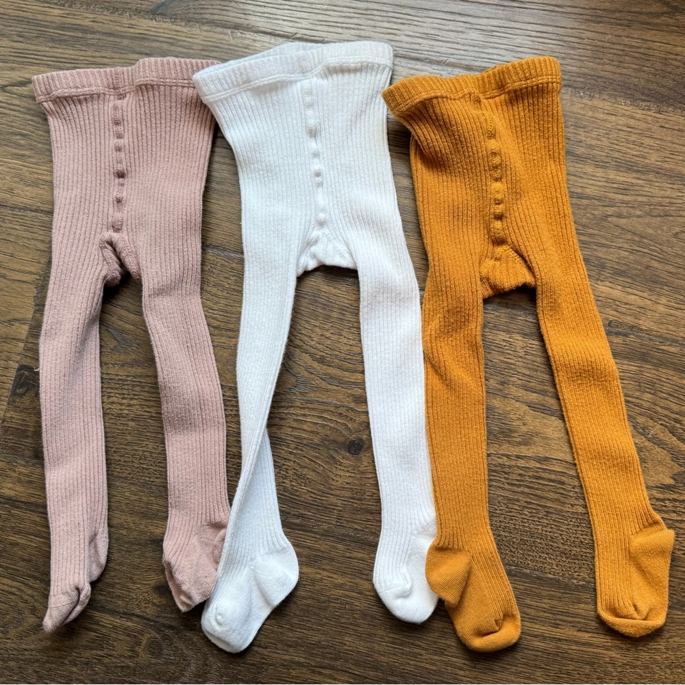 Set of Three Ribbed Baby Tights in Pink, White, and Mustard